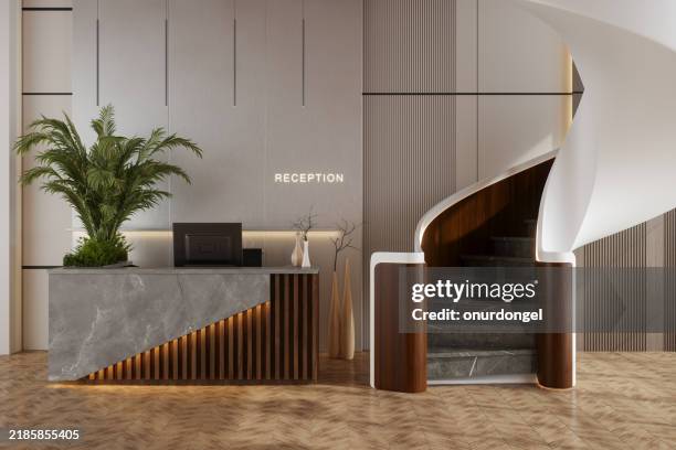 interieur der lobby mit rezeption, treppe und topfpflanze - eingangshalle gebäudeteil stock-fotos und bilder