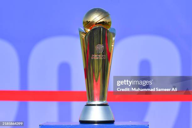 Detailed view of trophy during a ICC Champions Trophy media opportunity at the Hanif Mohammad High-Performance Centre on November 21, 2024 in...