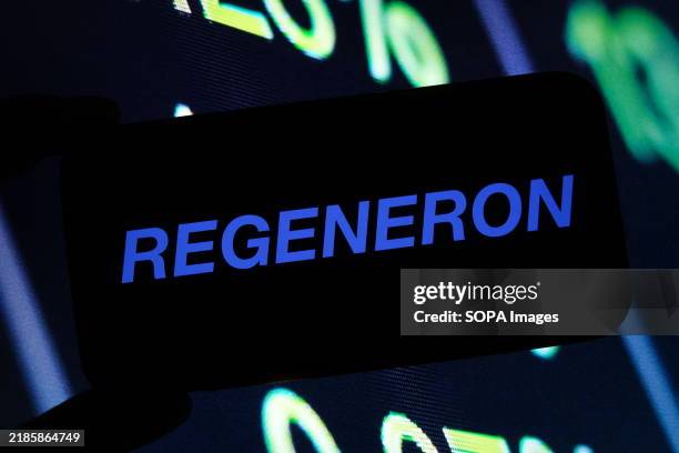 In this photo illustration, the Regeneron Pharmaceuticals company logo is seen displayed on a smartphone screen.