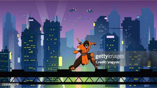 vector cyberpunk ninja with cyberpunk city background stock illustration - flying car stock illustrations