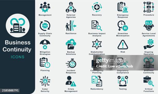illustrations, cliparts, dessins animés et icônes de collection d’icônes solides de continuité d’activité. contenant la planification, le rétablissement, la gestion, l’exploitation en cours, le risque, la résilience, la procédure, la planification d’urgence, l’intervention d’urgence, l’an - transmission entreprise