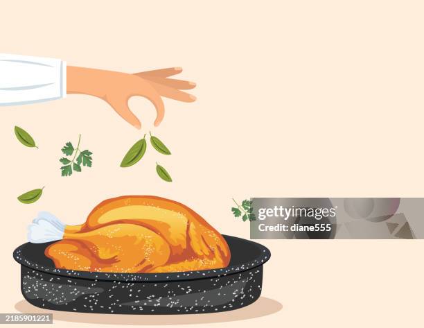 ilustraciones, imágenes clip art, dibujos animados e iconos de stock de dejar caer a mano el condimento en un pavo de navidad o acción de gracias - preparación de alimentos