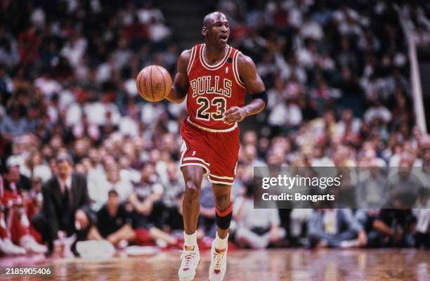 American basketball player Michael Jordan in action for the Chicago Bulls during an NBA game, United States, March 1992.
