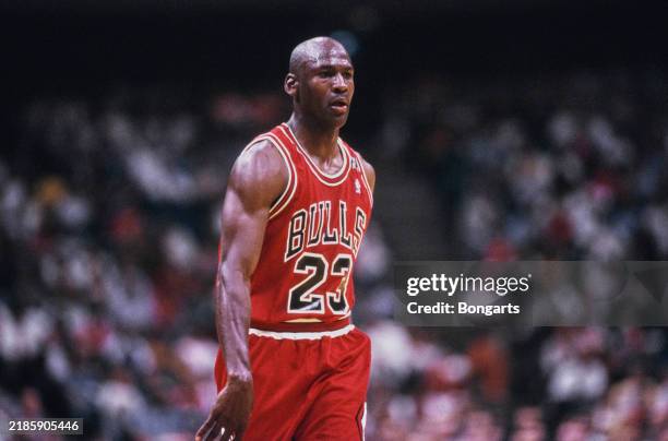 American basketball player Michael Jordan in action for the Chicago Bulls during an NBA game, United States, March 1992.