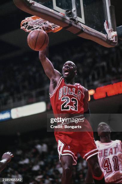 American basketball player Michael Jordan in action for the Bulls during an NBA game between Miami Heat and the Chicago Bulls, United States, 1992.