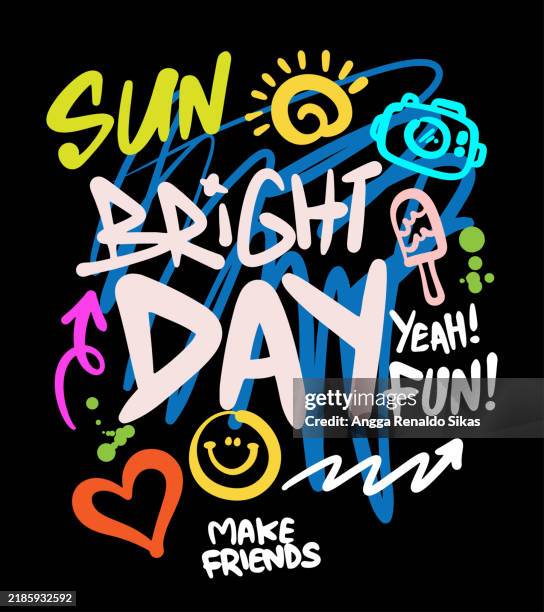 bright day fun and funky graffiti chaotic slogan text and symbols. scribbles with vibrant colors illustration for t shirt design - airbrush stock illustrations