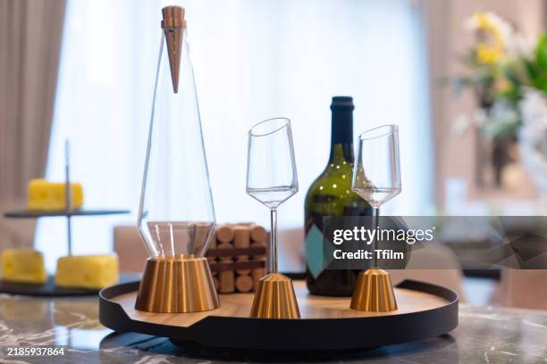 elegant wine serving set on tray - luxury hotel service stock pictures, royalty-free photos & images