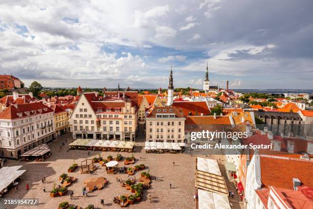 tallinn town hall square on a sunny summer day, aerial view, estonia - tallin fotografías e imágenes de stock