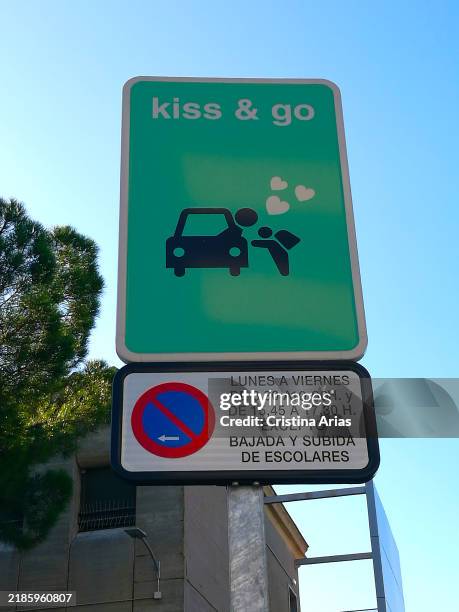 Kiss and go traffic sign to avoid traffic jams at school gates on 12 october, 2023 in Madrid, Spain.