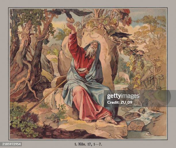 ilustraciones, imágenes clip art, dibujos animados e iconos de stock de elijah en el brook kerith, cromolitografía, publicado alrededor de 1880 - profeta