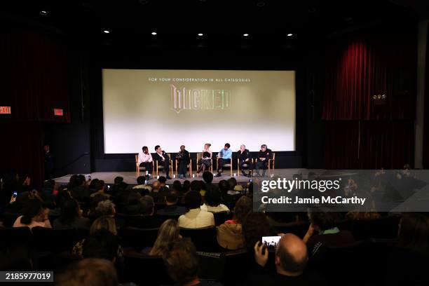 Chris Murphy, Jon M. Chu, Cynthia Erivo, Ariana Grande, Jonathan Bailey, Marc Platt, and Stephen Schwartz speak onstage at Universal Pictures...