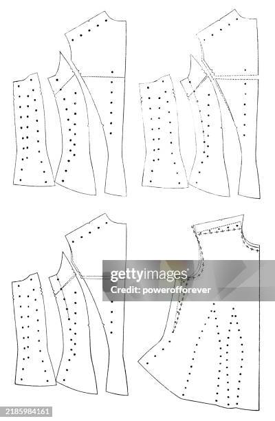viktorianische mode, schnittmuster mit verschiedenen änderungsmarkierungen - 19. jahrhundert - schnittmuster stock-grafiken, -clipart, -cartoons und -symbole