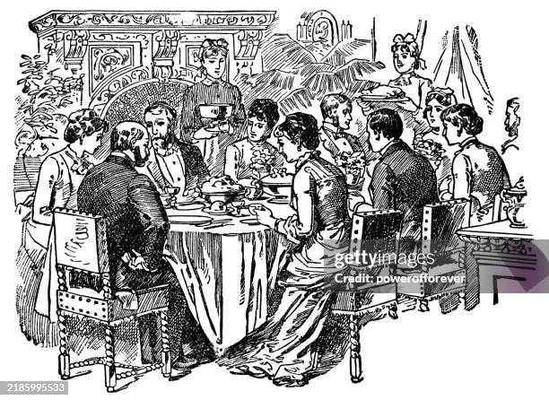 illustrations, cliparts, dessins animés et icônes de dîner victorien de la classe supérieure - 19ème siècle - repas entre amis