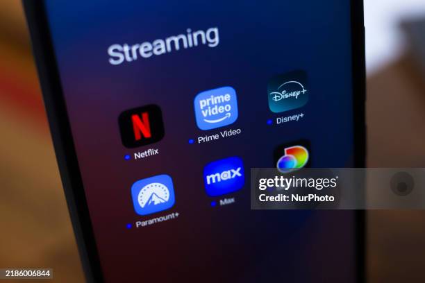 The streaming services Netflix, Amazon Prime Video, Disney Plus, Paramount Plus, Max, and Discovery Plus app soon appear on the screen of a...