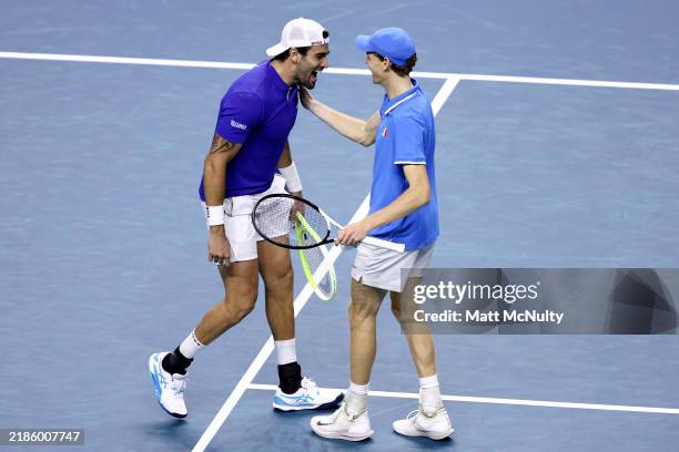Matteo Berrettini, Jannik Sinner of Team Italy celebrates after winning∑ their match against Maximo Gonzalez, Andres Molteni of Team Argentina in the...