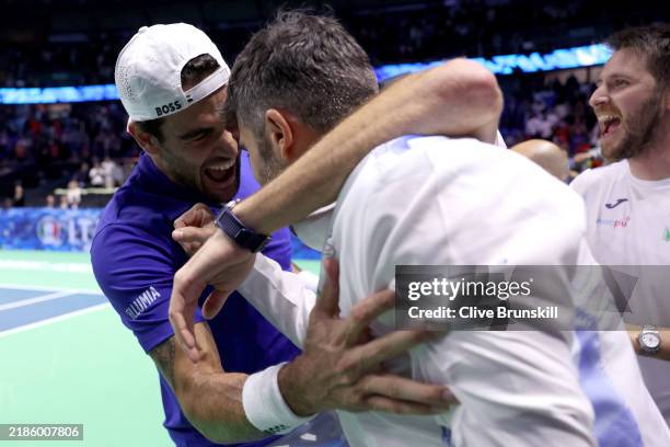 Matteo Berrettini of Team Italy celebrates after winning their match against Maximo Gonzalez, Andres Molteni of Team Argentina in the quarterfinal...