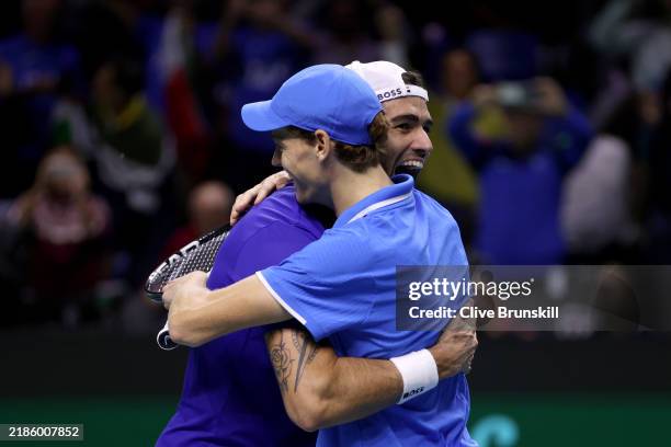 Matteo Berrettini, Jannik Sinner of Team Italy celebrates after winning their match against Maximo Gonzalez, Andres Molteni of Team Argentina in the...