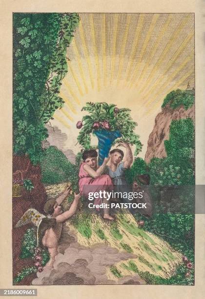 children gather fruit under divine light in a scenic garden - cupid stock pictures, royalty-free photos & images