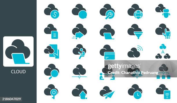 cloud computing icon set. solid icon collection. vector illustration. stock illustration icon symbol, data analyzing, data center, technology - data center white stock illustrations