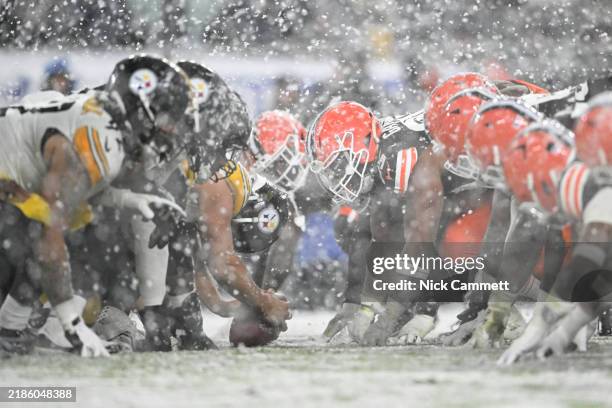 The Pittsburgh Steelers line up against the Cleveland Browns during the third quarter in the game at Huntington Bank Field on November 21, 2024 in...