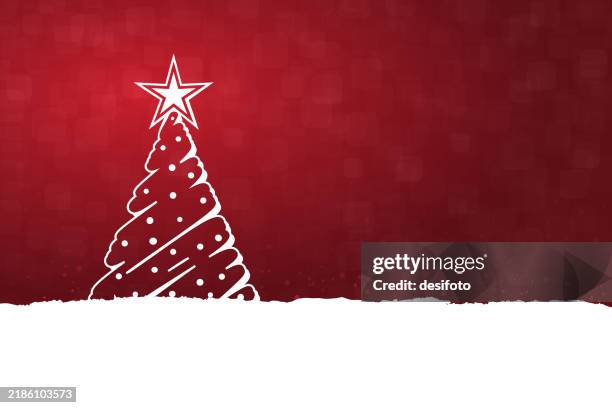 horizontale rote kastanienbraune cartoon-hintergründe eines kreativen weißen weihnachtsbaums mit leuchtender sternförmiger baumkrone mit schneebedecktem unteren randrand, glitzernder verwischter vektorhintergrund mit kopierraum - dekoration für die weihnachtsbaumspitze stock-grafiken, -clipart, -cartoons und -symbole