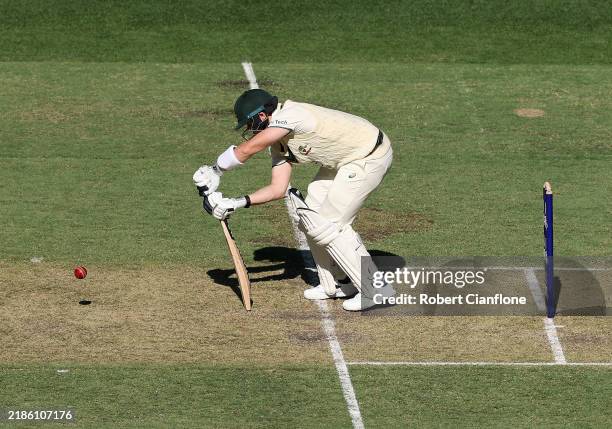 Steve Smith of Australia is given out LBW off the bowling of Jasprit Bumrah of India during day one of the First Test match in the series between...