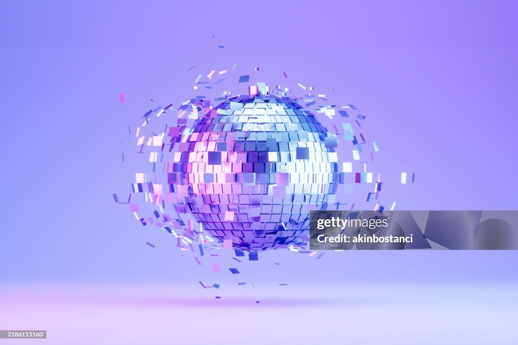 Disco Ball, Party Celebration Concept, Neon Lighting Background, Dissolving Particles