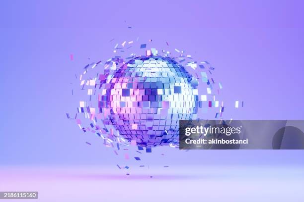 disco ball, party celebration concept, neon lighting background, dissolving particles - globo espelhado imagens e fotografias de stock