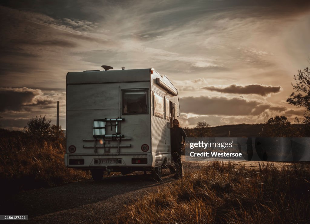 Dramatic sky over motor home