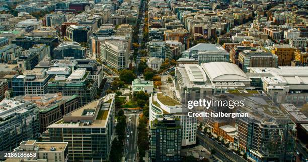 aerial shot of k street and allen y. lew place in washington, d.c. - k street stock pictures, royalty-free photos & images