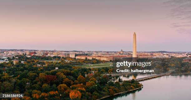 aerial view of the washington monument in washington, d.c. at dusk - national monument stock pictures, royalty-free photos & images