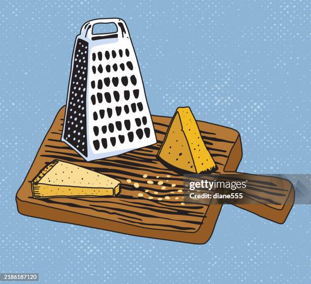 cheese and grater on a cutting board on a lightly textured base - grated cheese stock illustrations