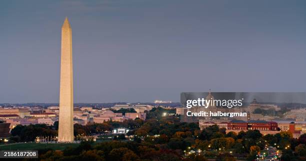 washington monument and us capitol building at twilight - aerial - national monument stock pictures, royalty-free photos & images