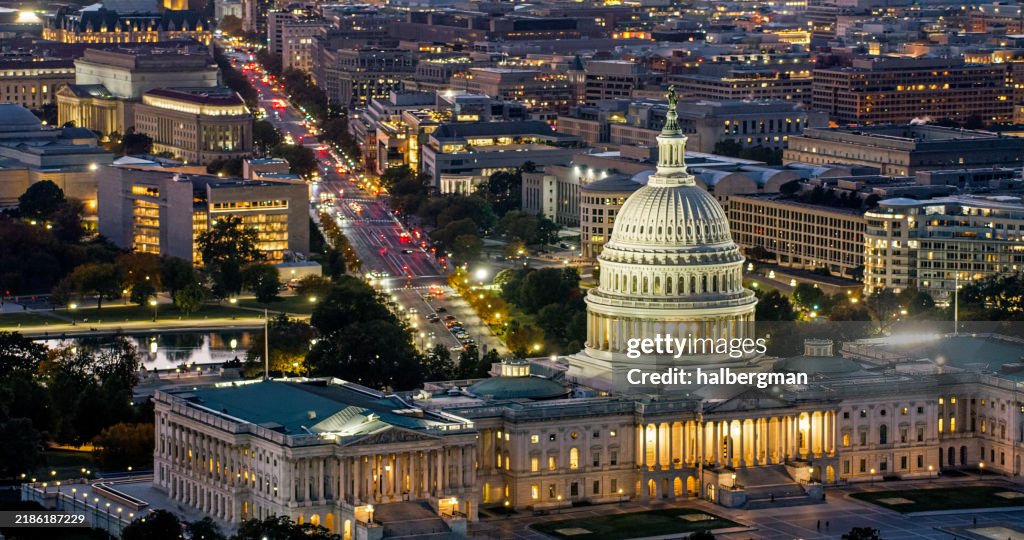 High Angle Aerial Shot of US Capitol Building and Pennsylvania Avenue at Twilight