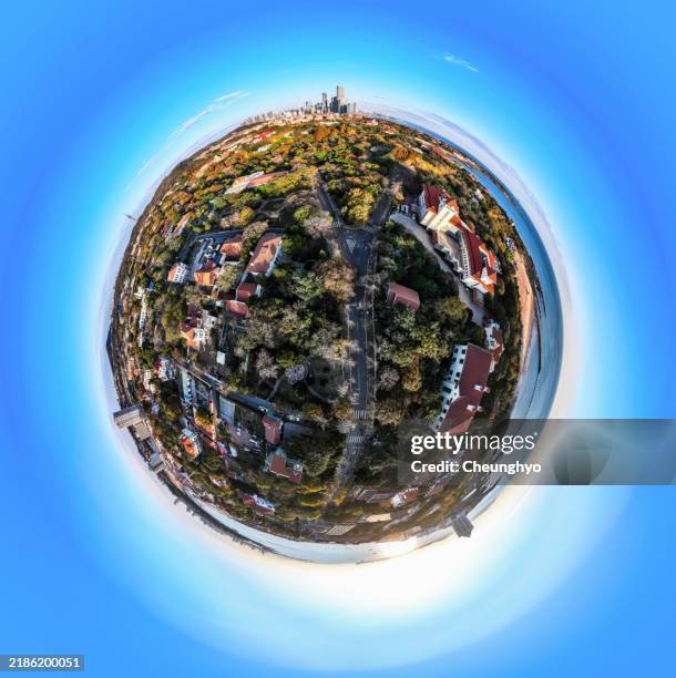 360-degree view: drone aerial view: city building of qingdao, shandong province, china - 360 degree view stock pictures, royalty-free photos & images