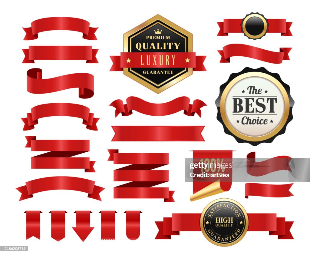 Red Ribbon Insignia Gold Badges And Red Ribbons Set High-Res Vector Graphic - Getty Images