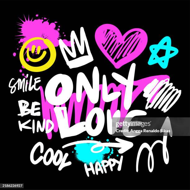 only love fun and funky graffiti chaotic slogan text and symbols. scribbles with vibrant colors illustration for t shirt design - trigger spray stock illustrations