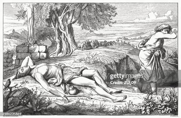 kain tötet abel (1. mose 4, 8), holzstich, veröffentlicht 1883 - aufopferung stock-grafiken, -clipart, -cartoons und -symbole