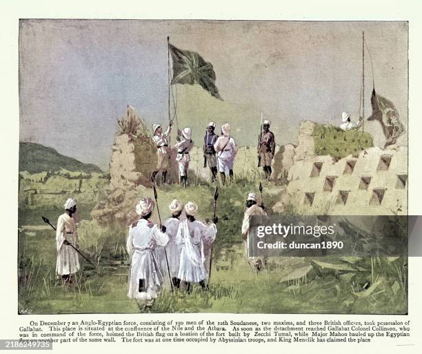 ilustraciones, imágenes clip art, dibujos animados e iconos de stock de historia militar e imperial británica, conquista de sudán, izar la bandera de la union jack sobre gallabat, siglo xix, ilustración vintage - siglo xix