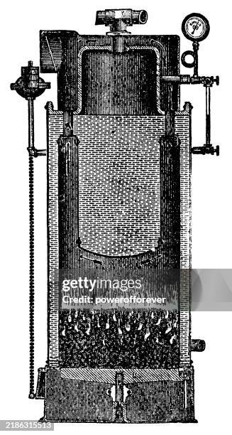 victorian coal powered steam radiator cutaway - 19th century - heating boilers stock illustrations