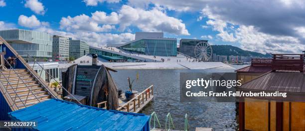 view of opera house and harbourside saunas, oslo, norway, scandinavia, europe - opera houses stock pictures, royalty-free photos & images