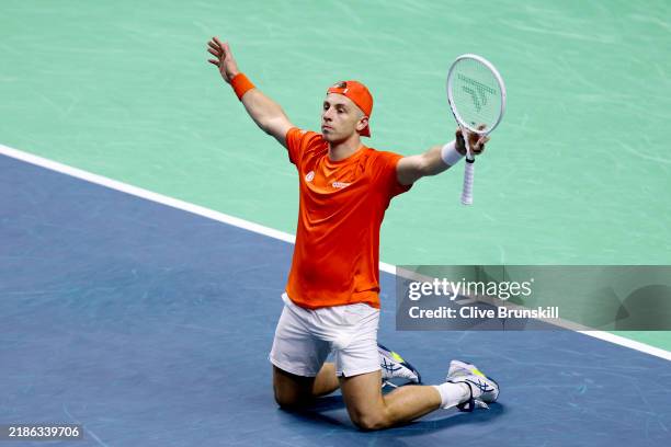 Tallon Griekspoor of team Netherlands celebrates after winning in his singles match between Jan-Lennard Struff of team Germany in the semifinal tie...