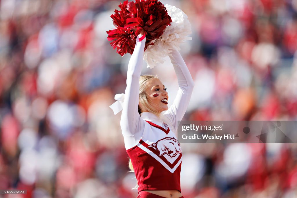 Arkansas Razorbacks Cheer Cheerleader of the Arkansas Razorbacks performs before a game against ...