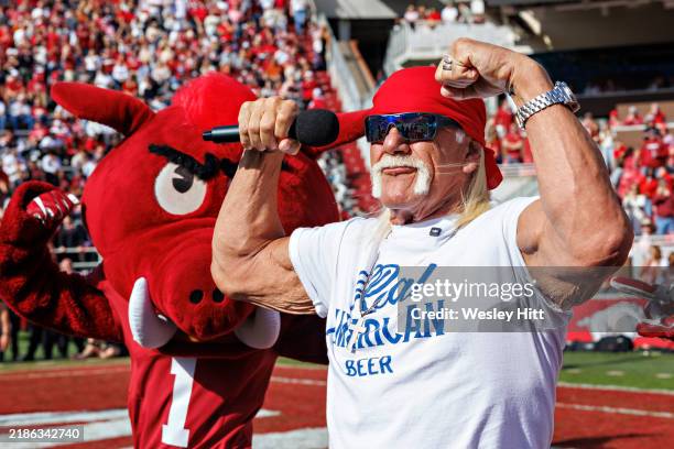 Hulk Hogan is introduced during the Texas Longhorns versus the Arkansas Razorbacks at Donald W. Reynolds Razorback Stadium on November 16, 2024 in...