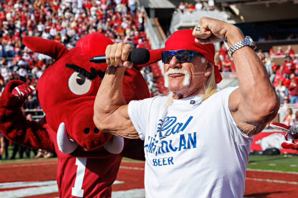 Hulk Hogan is introduced during the Texas Longhorns versus the Arkansas Razorbacks at Donald W. Reynolds Razorback Stadium on November 16, 2024 in...