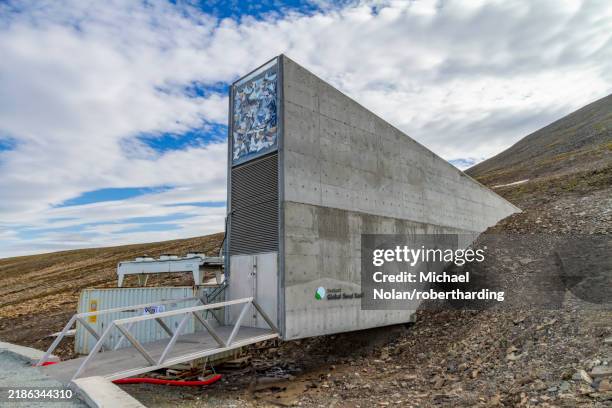 the global seed vault just outside the town of longyearbyen on the island of spitsbergen in svalbard, norway, arctic, europe - svalbard islands stock pictures, royalty-free photos & images