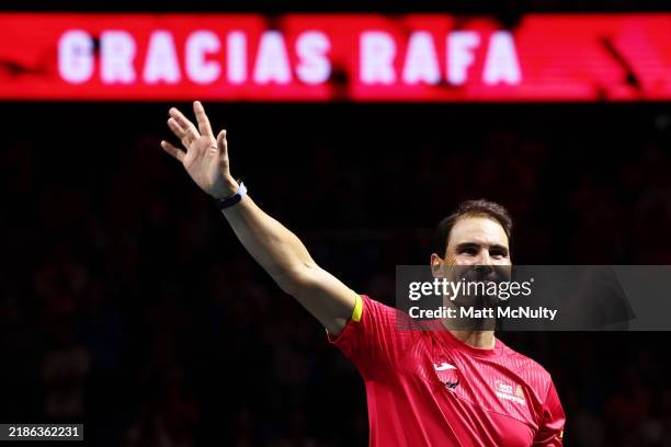 Rafael Nadal of Team Spain waves to fans following his retirement speech following the quarterfinal tie between Netherlands and Spain during the...