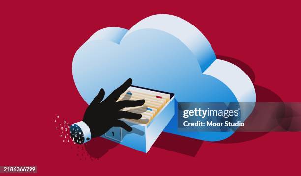 hacker hand stealing documents from cloud archive illustration - online cheating stock illustrations