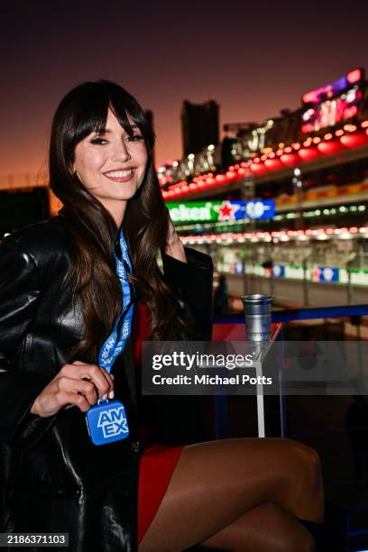 Actress Nina Dobrev watches the exciting F1 action from the American Express Trackside Lounge at Las Vegas Strip Circuit on November 22, 2024 in Las...