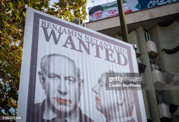 Billboard features portraits of Israeli Prime Minister Benjamin Netanyahu and Persian scripts that read, ''The International Criminal Court in The...
